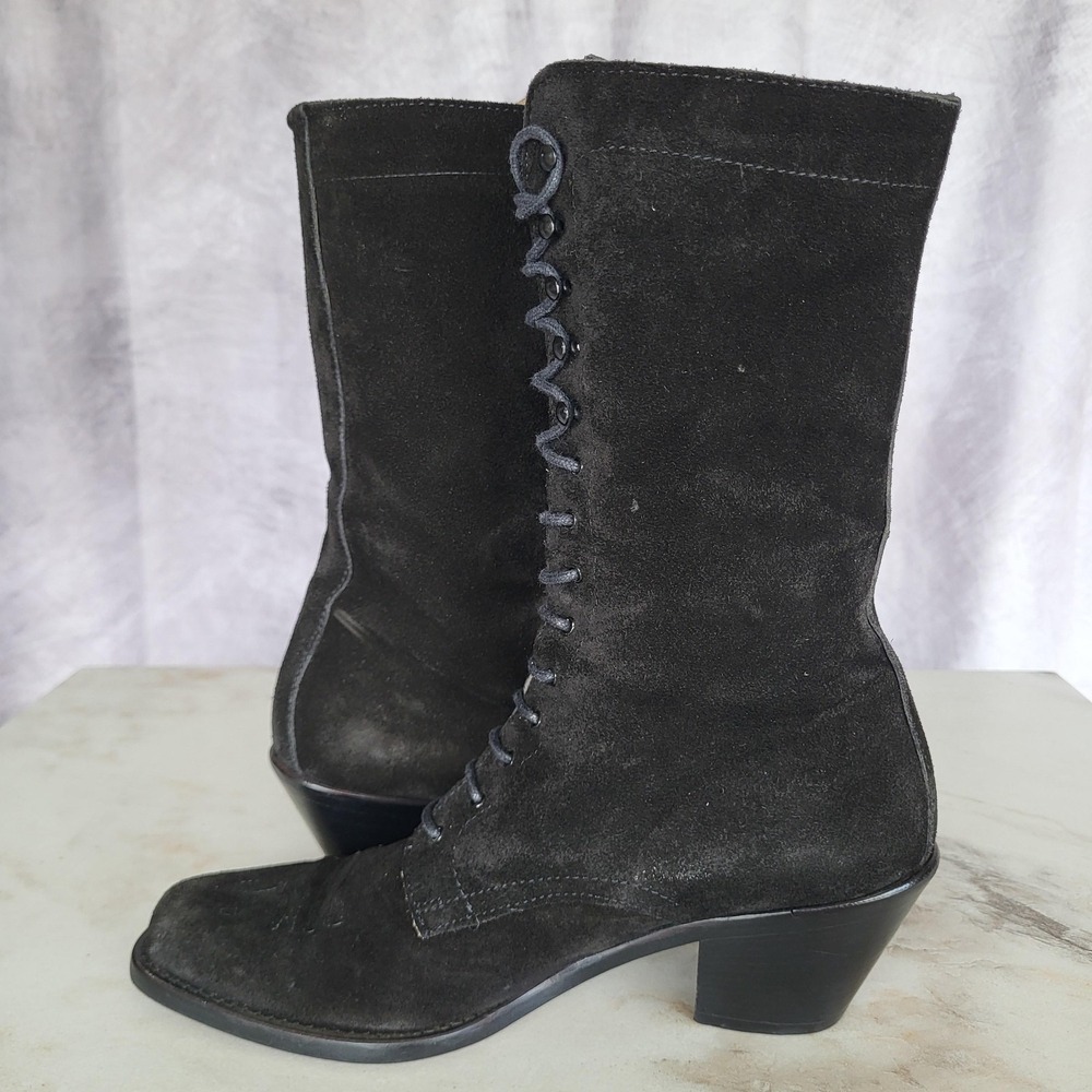 Joan David Tall Lace Up Black Suede Western Boots Womens Size 38 Square Toe - Picture 10 of 16